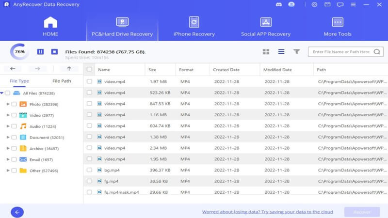 start scanning files from hard drive